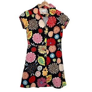 Lesley Evers Black Floral Summer Dress Size  S Cotton Short Sleeve Knee Length